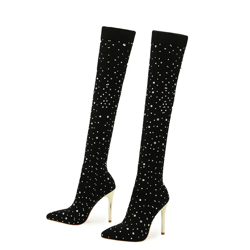 2025 Women's Knee-High Stiletto Sexy Sock Rhinestone Heels Over-the-Knee Pointed Toe Fashion Shoes for Winter Autumn New Season