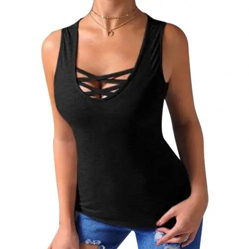 Plus Size Fashion Summer Solid Color Women Clothing Cross Strap Round Neck Selveless Casual Loose Tank Top Vest Tops