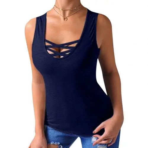 Plus Size Fashion Summer Solid Color Women Clothing Cross Strap Round Neck Selveless Casual Loose Tank Top Vest Tops