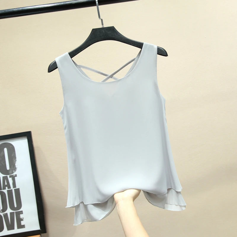2024 Fashion Brand sleeveless Women's blouse Summer Chiffon shirt Sheer O-Neck Casual blouse Plus Size 6XL Loose Female Tops