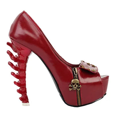 Skull Head Zip Peep Toe Platform Bone Heels