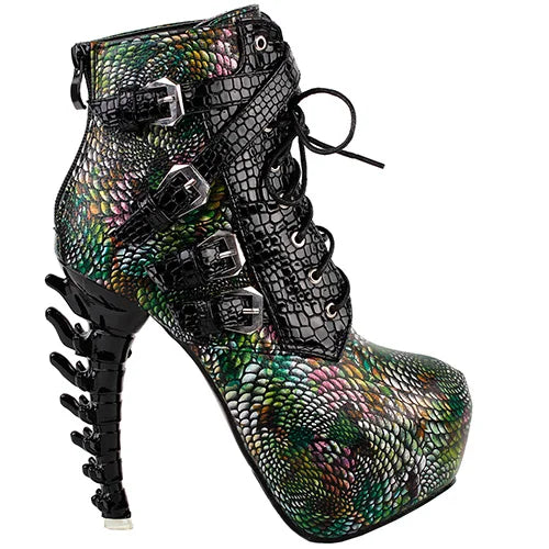 Punk Snake Pattern Bone High Heel Platform Boots
