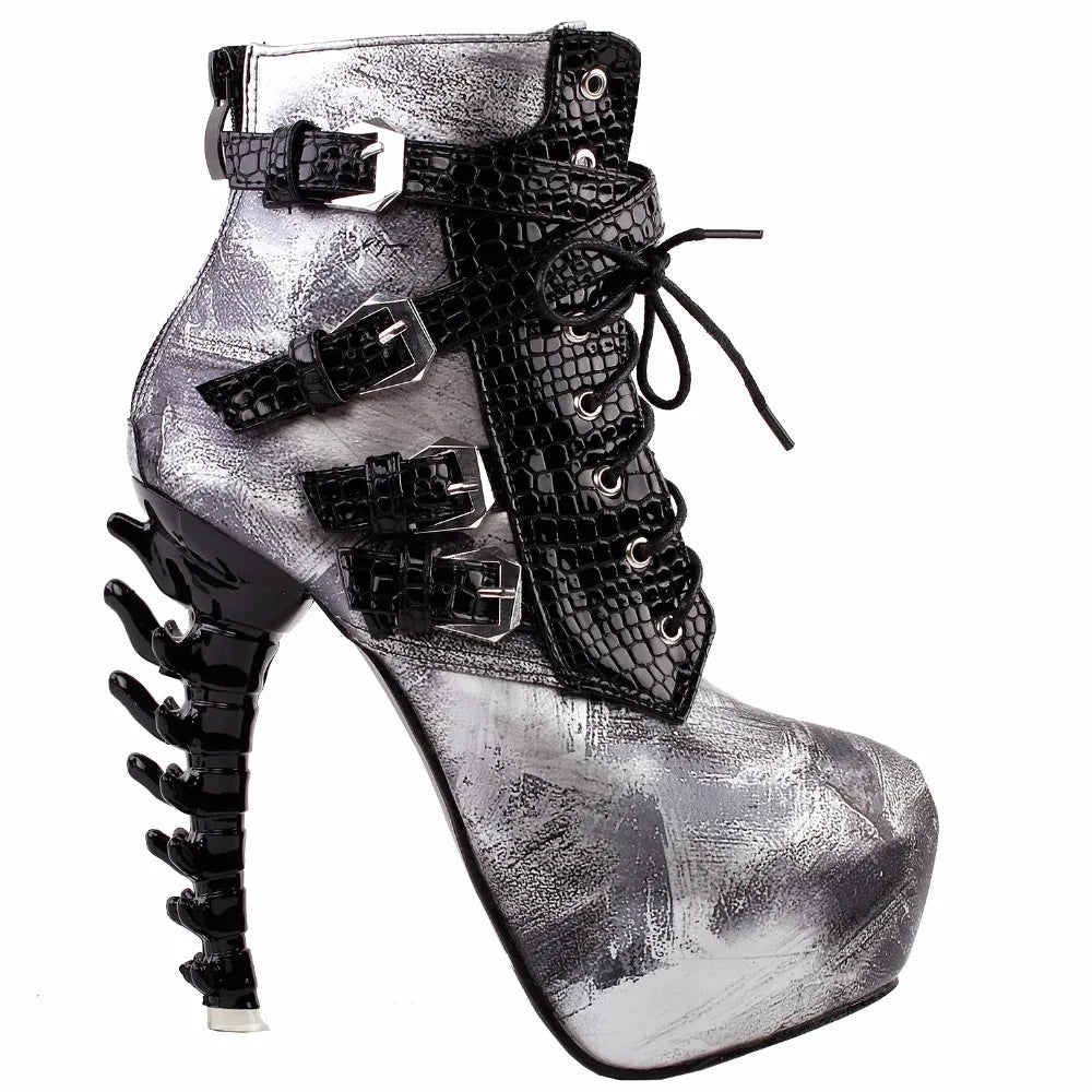 Punk Snake Pattern Bone High Heel Platform Boots