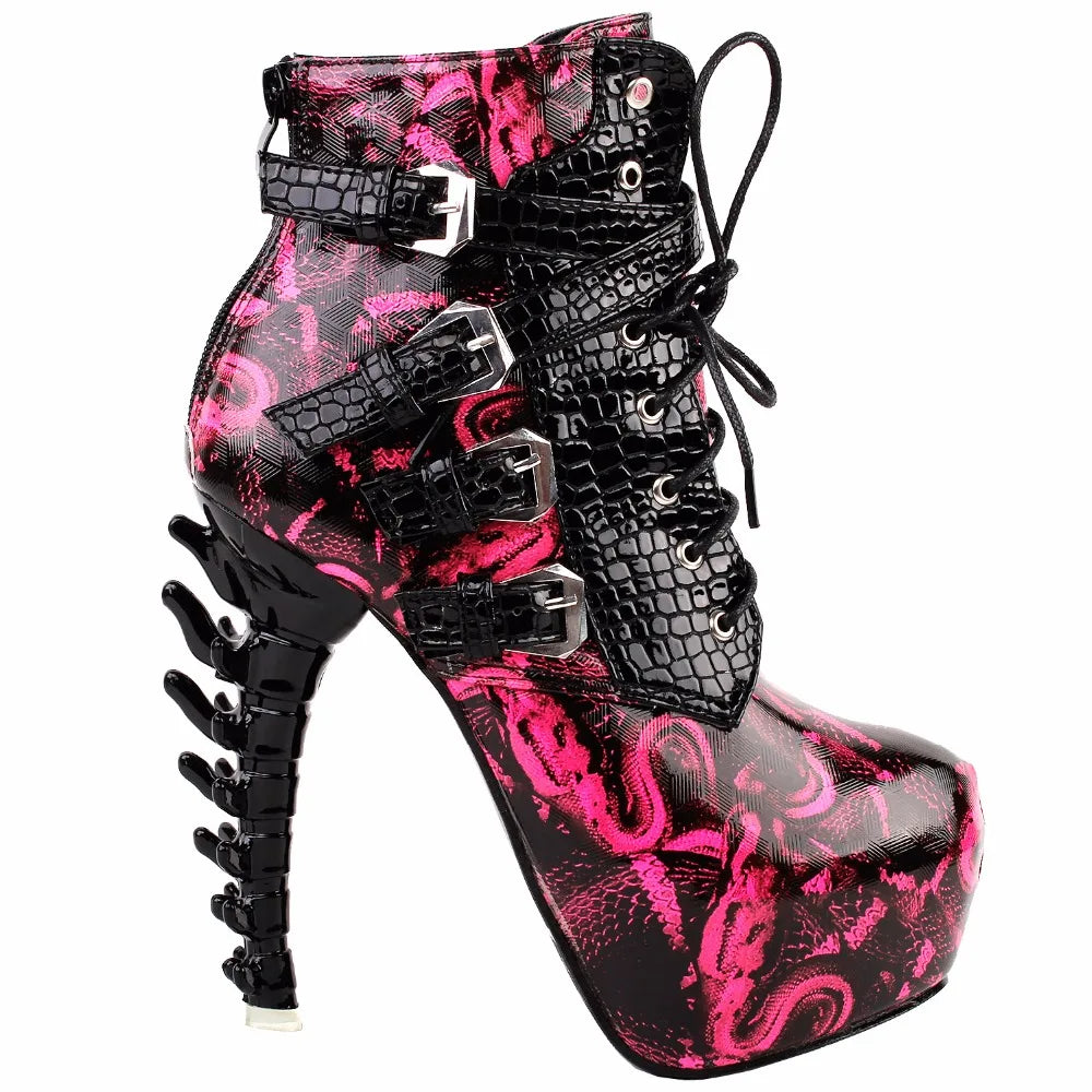 Punk Snake Pattern Bone High Heel Platform Boots