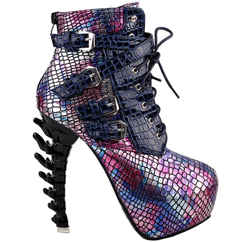 Punk Snake Pattern Bone High Heel Platform Boots
