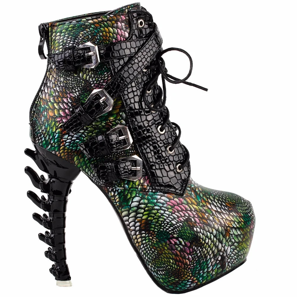 Punk Snake Pattern Bone High Heel Platform Boots
