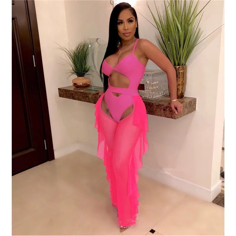 Sexy 2 Piece Sets Women Sheer Mesh Bodysuit Top and Ruffles Pants Set Summer Swimwear Vacation Party Club Wear Two Piece Outfits