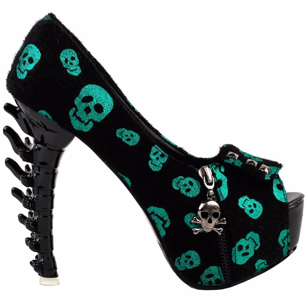 Skull Head Zip Peep Toe Platform Bone Heels