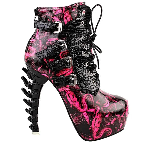 Punk Snake Pattern Bone High Heel Platform Boots