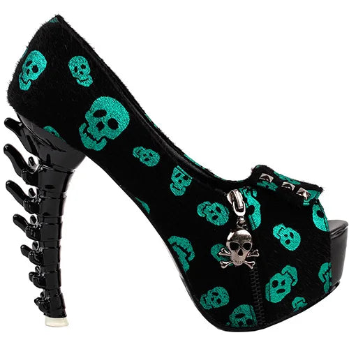 Skull Head Zip Peep Toe Platform Bone Heels