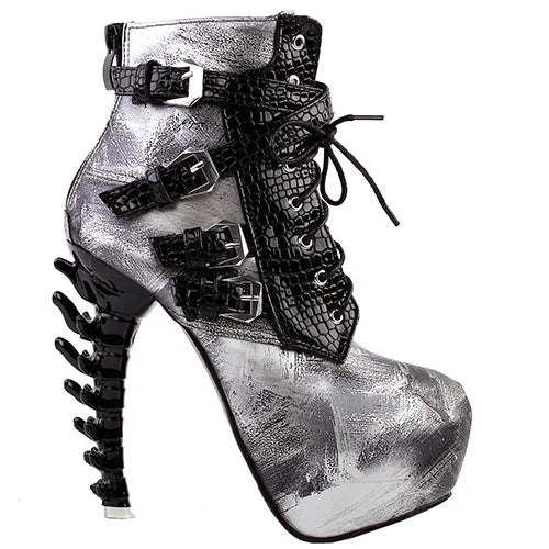 Punk Snake Pattern Bone High Heel Platform Boots