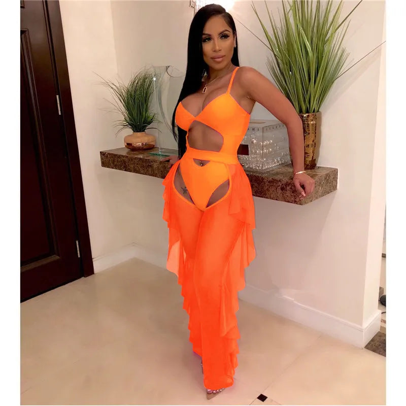 Sexy 2 Piece Sets Women Sheer Mesh Bodysuit Top and Ruffles Pants Set Summer Swimwear Vacation Party Club Wear Two Piece Outfits