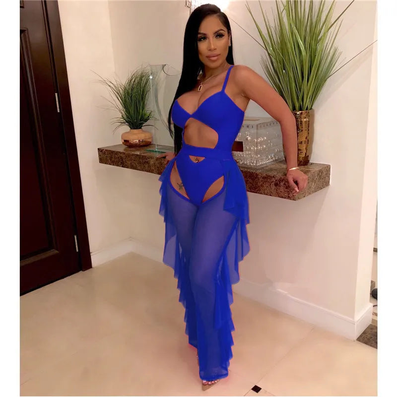 Sexy 2 Piece Sets Women Sheer Mesh Bodysuit Top and Ruffles Pants Set Summer Swimwear Vacation Party Club Wear Two Piece Outfits