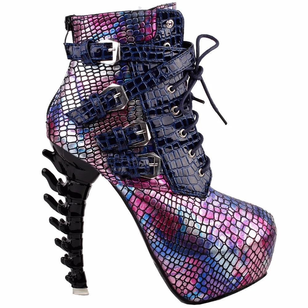 Punk Snake Pattern Bone High Heel Platform Boots