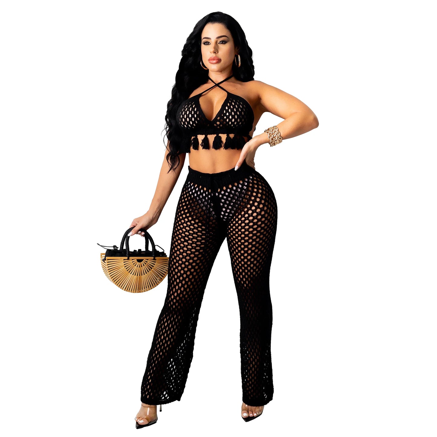 Sexy Bra Crop Top Pants Hollow Out Set