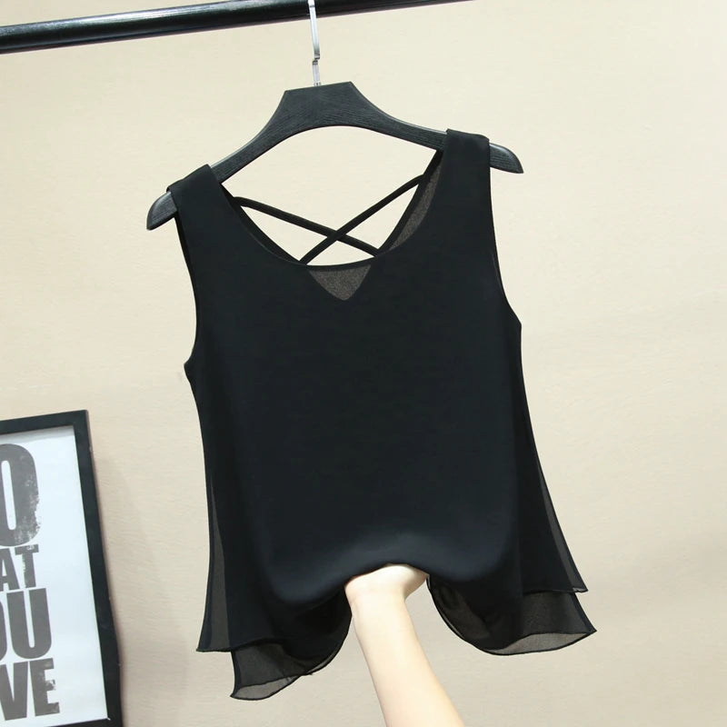 2024 Fashion Brand sleeveless Women's blouse Summer Chiffon shirt Sheer O-Neck Casual blouse Plus Size 6XL Loose Female Tops