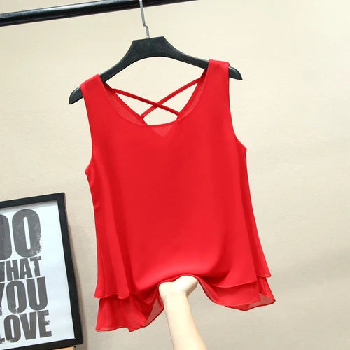2024 Fashion Brand sleeveless Women's blouse Summer Chiffon shirt Sheer O-Neck Casual blouse Plus Size 6XL Loose Female Tops