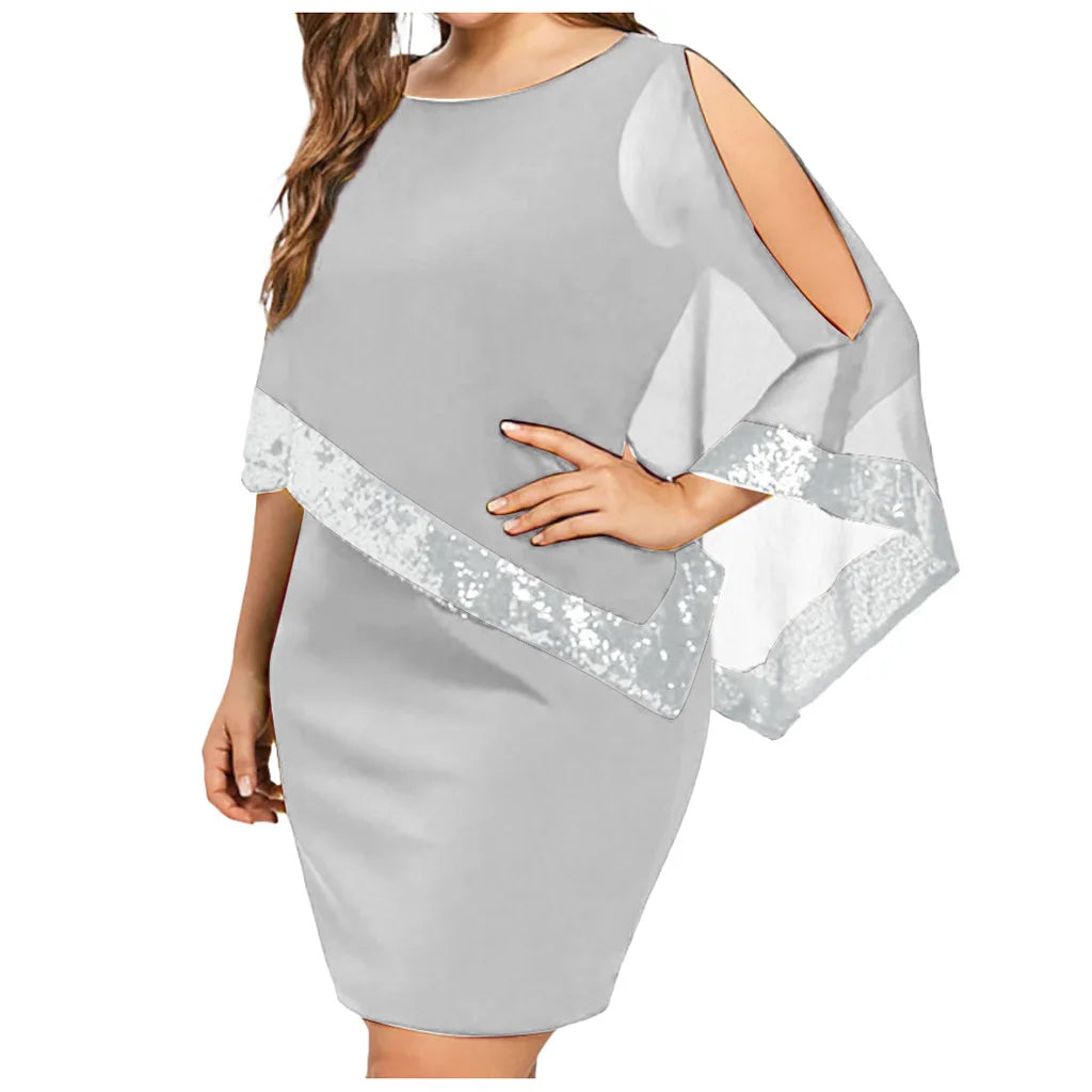 Plus Size Summer Dress Women Sexy Cold Shoulder Overlay Asymmetric Chiffon Strapless Sequins Dresses Evening Party Dress 5XL