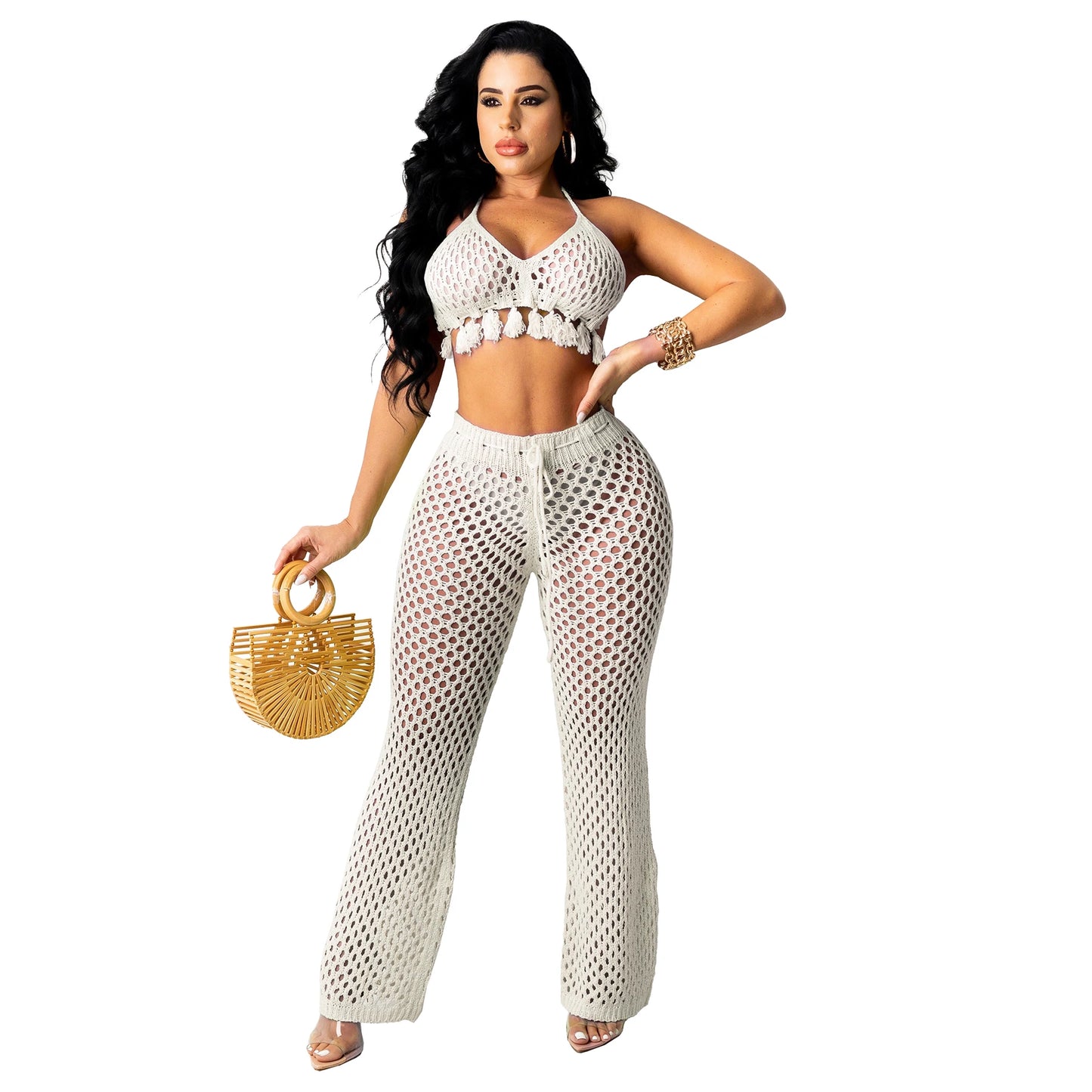 Sexy Bra Crop Top Pants Hollow Out Set