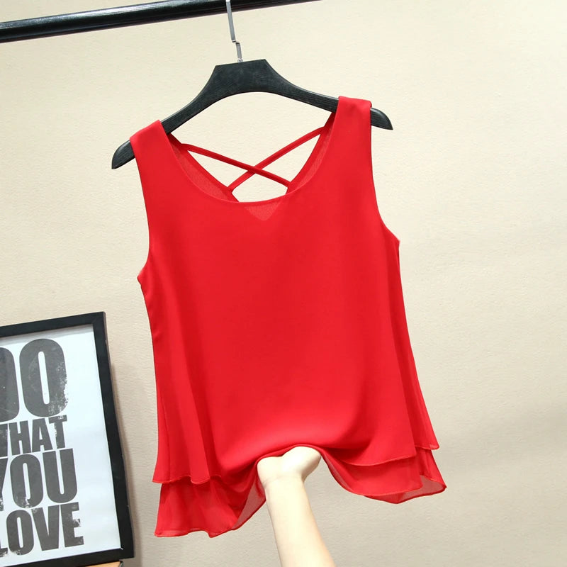 2024 Fashion Brand sleeveless Women's blouse Summer Chiffon shirt Sheer O-Neck Casual blouse Plus Size 6XL Loose Female Tops