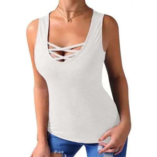 Plus Size Fashion Summer Solid Color Women Clothing Cross Strap Round Neck Selveless Casual Loose Tank Top Vest Tops