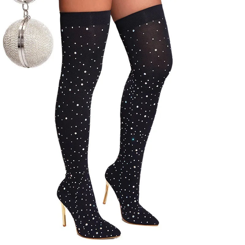 2025 Women's Knee-High Stiletto Sexy Sock Rhinestone Heels Over-the-Knee Pointed Toe Fashion Shoes for Winter Autumn New Season