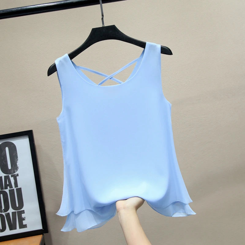 2024 Fashion Brand sleeveless Women's blouse Summer Chiffon shirt Sheer O-Neck Casual blouse Plus Size 6XL Loose Female Tops