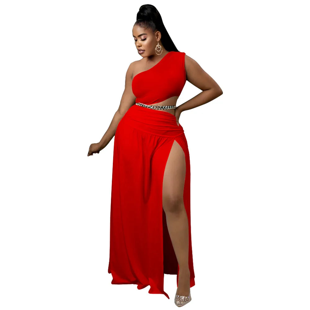 One Shoulder Top Side Split Skirt 2 Pieces Set