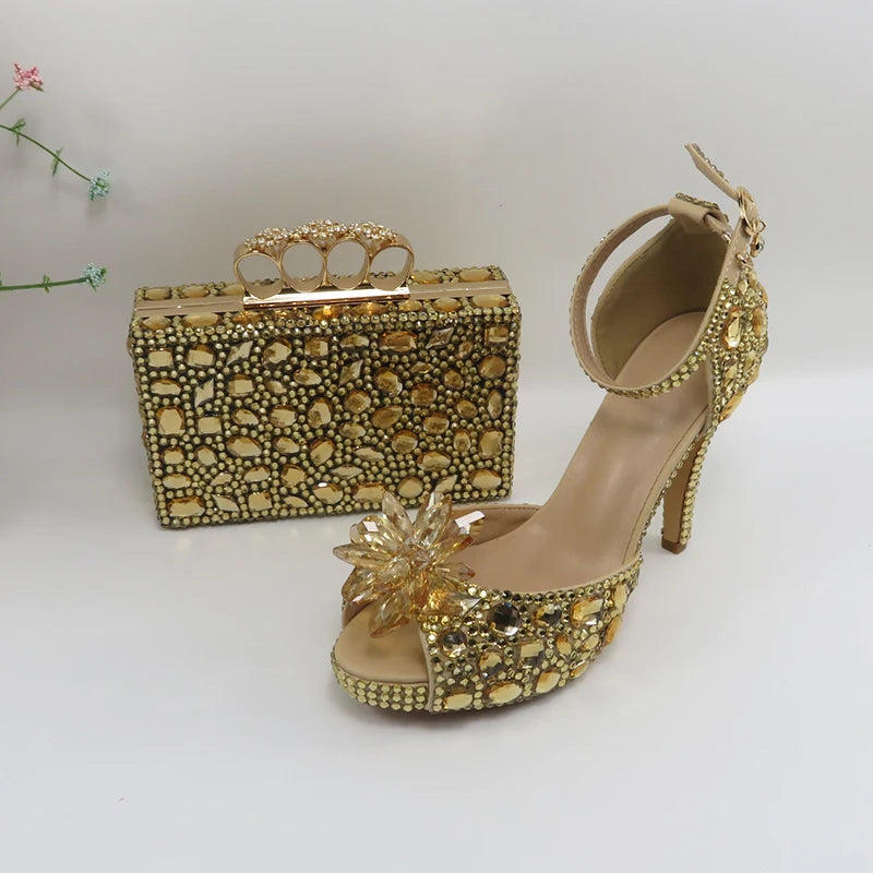 BaYa Fang Champagne Crystal Bridal Party shoes bag Set Women Thin Heel Wedding Evening shoes Open Toe Sandals Ankle Strap Female