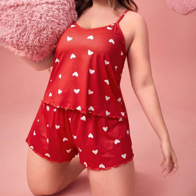 Plus-Size XL-5XL Women Pajama Set Nightgowns Cami Shorts Nightclothes Sleeveless Nightwear Red Love Print Soft Sleepwear Summer