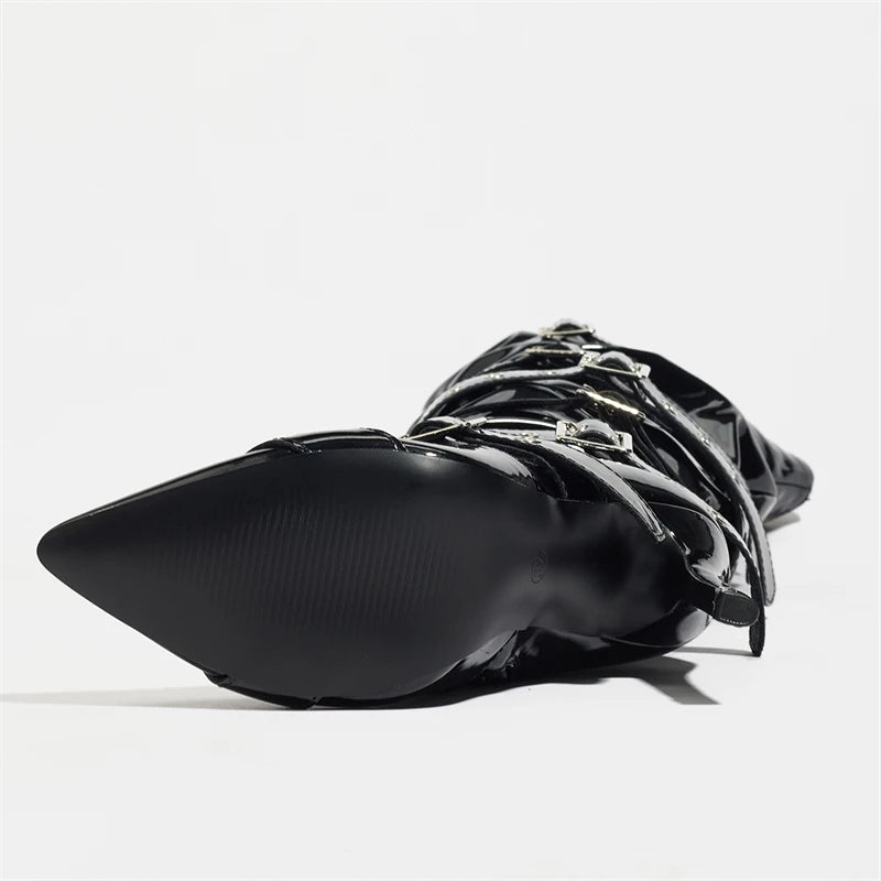 Eilyken Sexy Thin High Heels Patent Leather Women Over The Knee Boot Design Style Narrow Band Buckle Strap Stripper Shoes