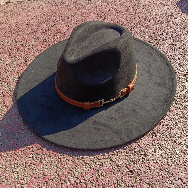 Suede fedora hat with same color accessories teardrop top wide brim hat for men and women Panama hat chapeau homme sombrero