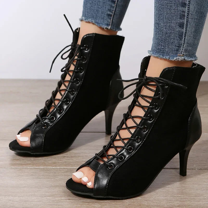 Hollow Mesh Lace-Up High Heel Boots