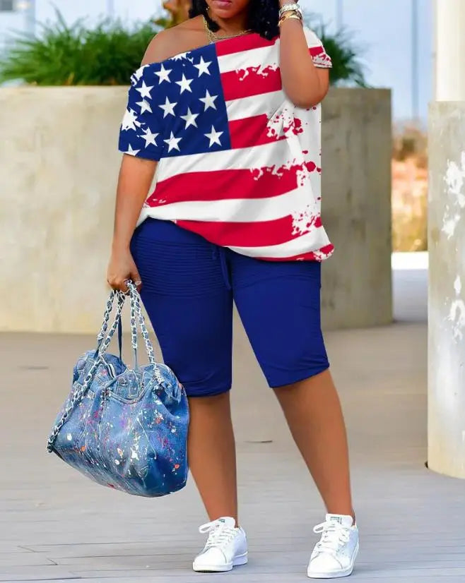 Womens Two Piece Sets Outfit Colors All Over Print Skew Neck Top Shorts Set New Fashion 2024 Summer Casual Loose Female Suits