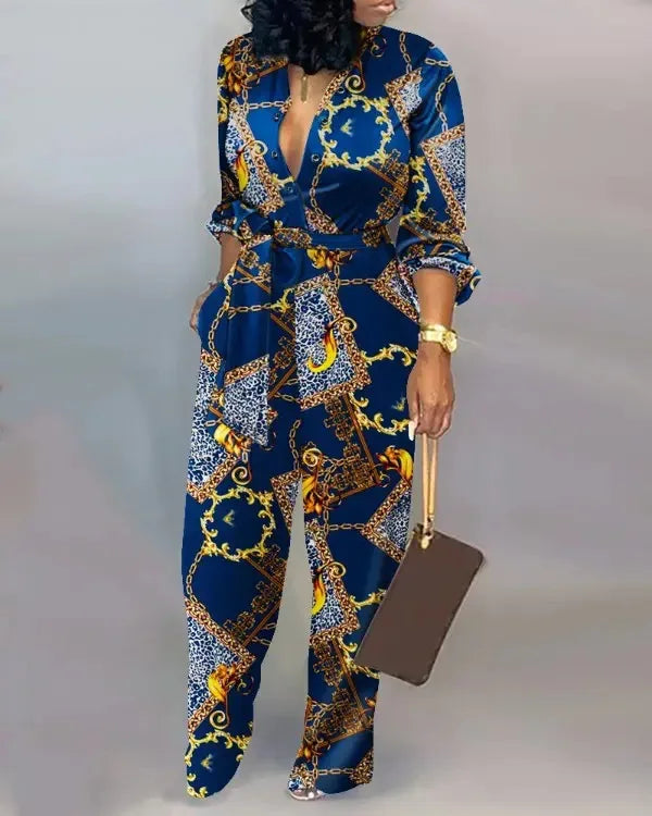 High-Waist Casual Straight-Leg Loose Printed Jumpsuit