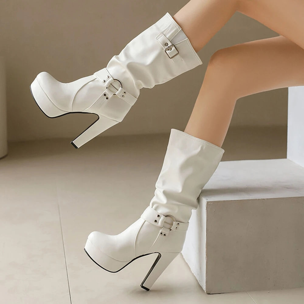 Botines Mujer Fashion Round Toe High-heeled Mid Calf Boots Pleated Waterproof Platform Dress Thick Heel Set Women Boots 338-45