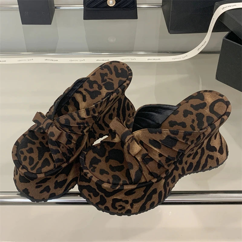 Eilyken Sexy Leopard Print Butterfl-Knot Platform Wedges Women's Slippers Street Style Summer High Heels Banquet Shoes