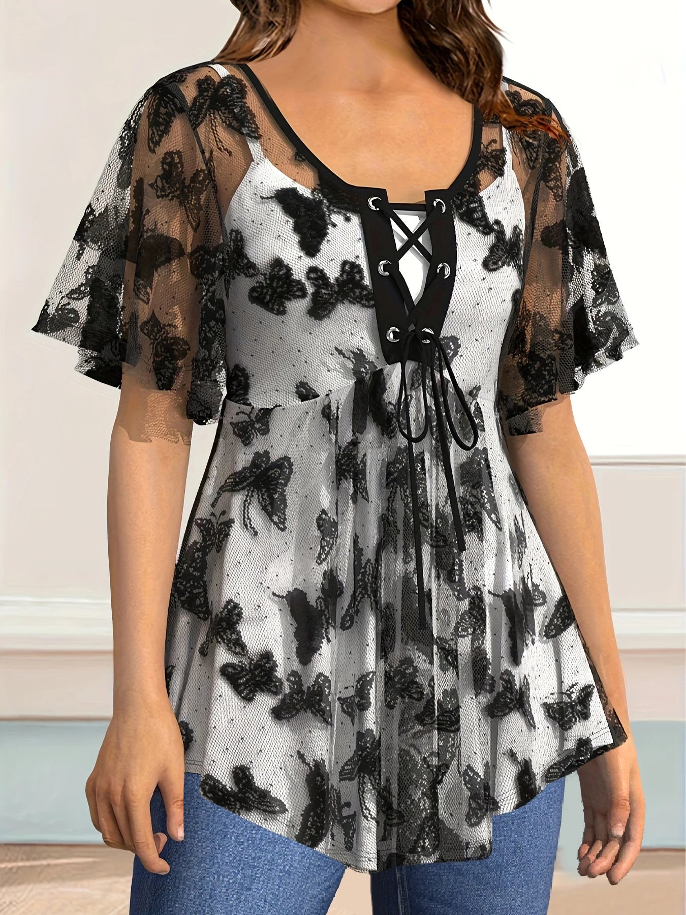 Casual Butterfly Lace-Up Sheer Top