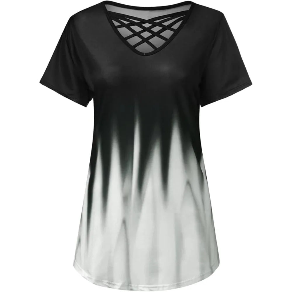Plus Size 1XL-5XL Women Fashion Half Sleeve T-Shirt Printed Gradient BeltT-shirt Women'sCasual Color Gradient V-neck Cross Shirt