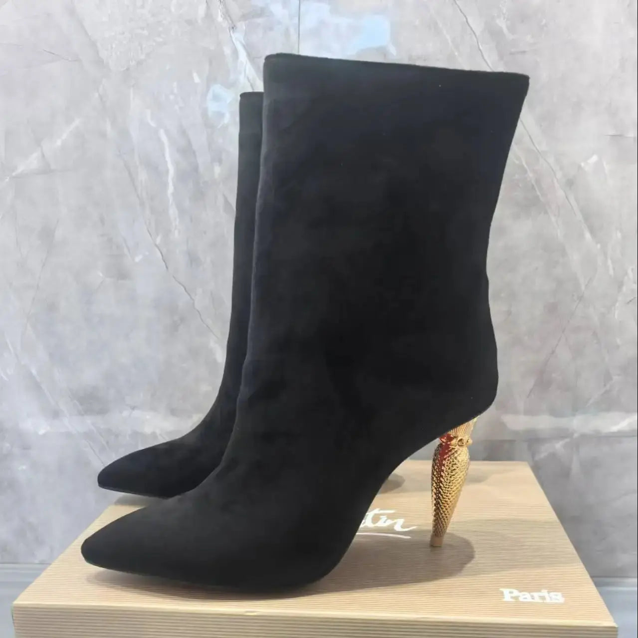 Gold Metal Bullet-Shaped Heel Short Boots For Women Pointed Toe Back Zipper Black Leather Boats Female High Heels Elegant 36-42