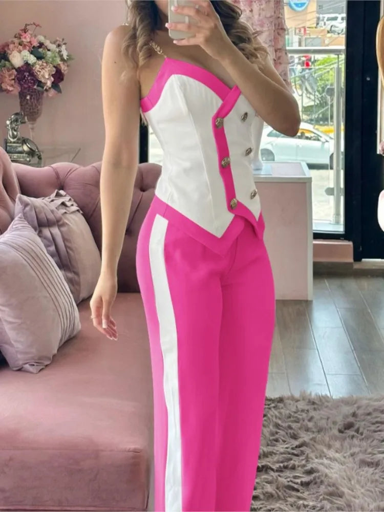 Sexy Women's 2-Piece Suit Summer Fashion Double Breasted Chain Strap Slim Top Straight Leg Long Pants Set For Women Sports Suit