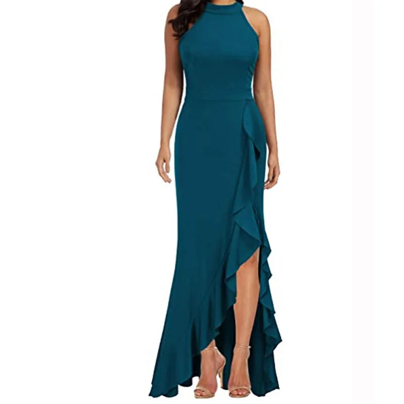 Women High Waist Plus Size Sleeveless Halter Maxi Dress Evening Dresses for Party Wedding