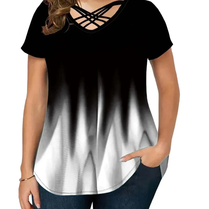Plus Size 1XL-5XL Women Fashion Half Sleeve T-Shirt Printed Gradient BeltT-shirt Women'sCasual Color Gradient V-neck Cross Shirt