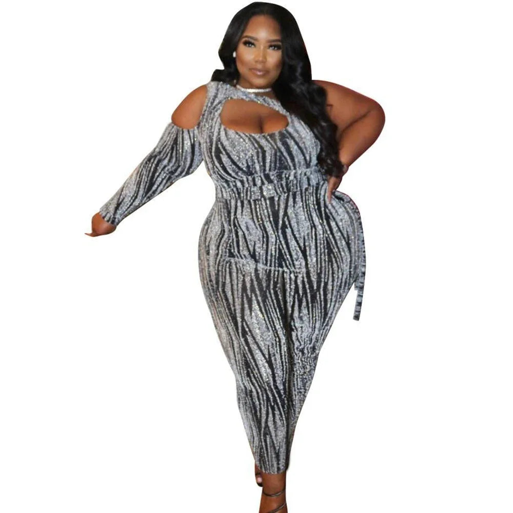 Sexy Jumpsuits Plus Size Women Clothing Single Long Sleeve Hollow Out Club Outfits Bodycon Stretch Wholesale Drop Shipping