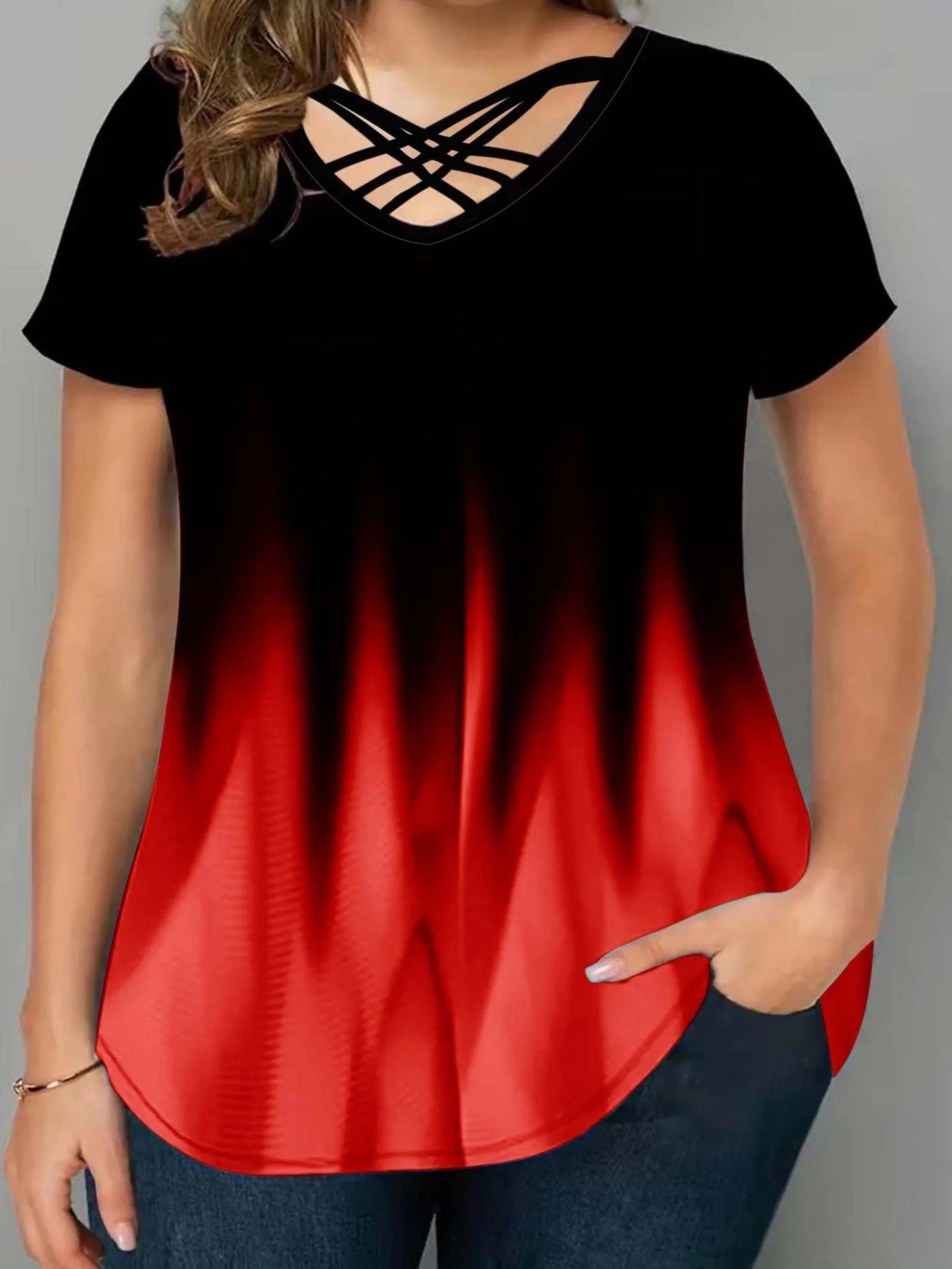 Plus Size 1XL-5XL Women Fashion Half Sleeve T-Shirt Printed Gradient BeltT-shirt Women'sCasual Color Gradient V-neck Cross Shirt