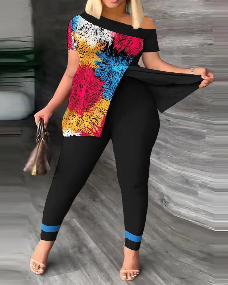 2 Piece Fashion Printed Ruffle Sleeve Pants Set