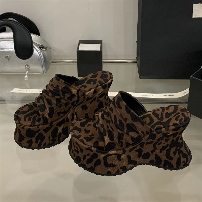 Leopard Print Platform Wedge Slippers