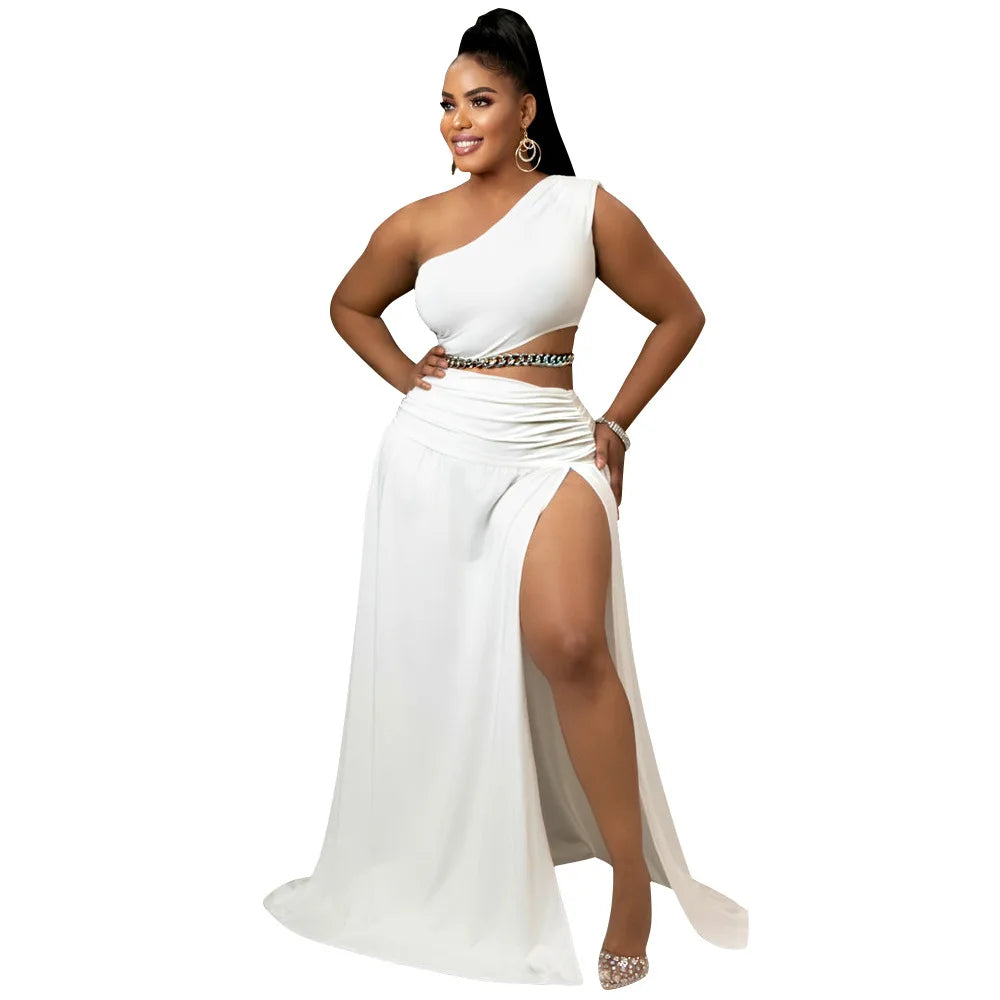 One Shoulder Top Side Split Skirt 2 Pieces Set
