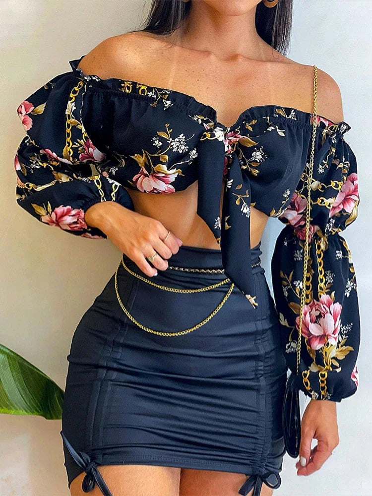 Sexy 2 Piece Lantern Crop Top & Skirt Set
