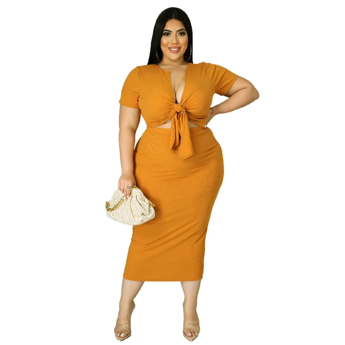 V Neck Casual Top Skirt 2 Piece Set